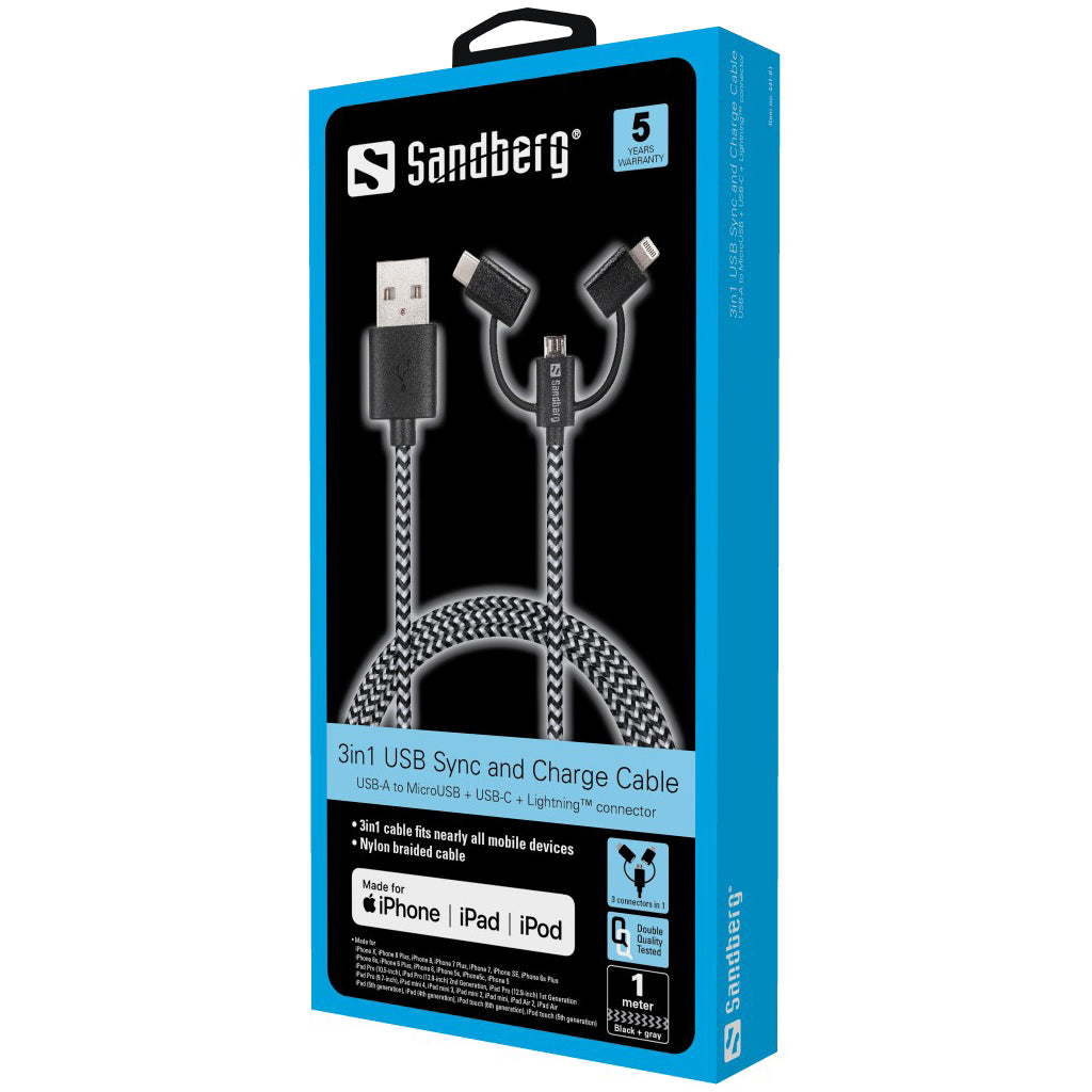 SANDBERG 3in1 Lightning MicroUSB USB-C 1m