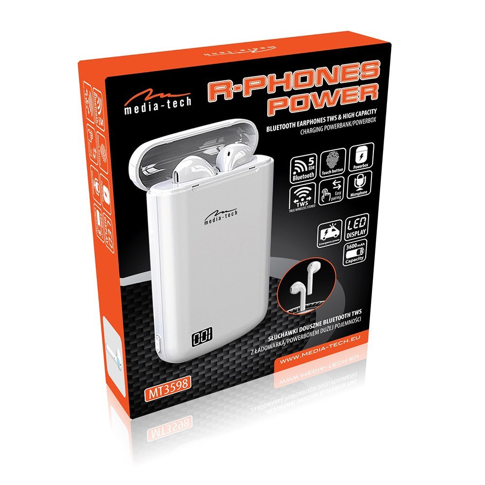 Media-Tech MT3598 R-PHONES POWER 2 in 1 |  Kopfhörer + 3600mAh Powerbank die gleichzeitig Ladebox ist | Bluetooth 5.0 + EDR-Technologie