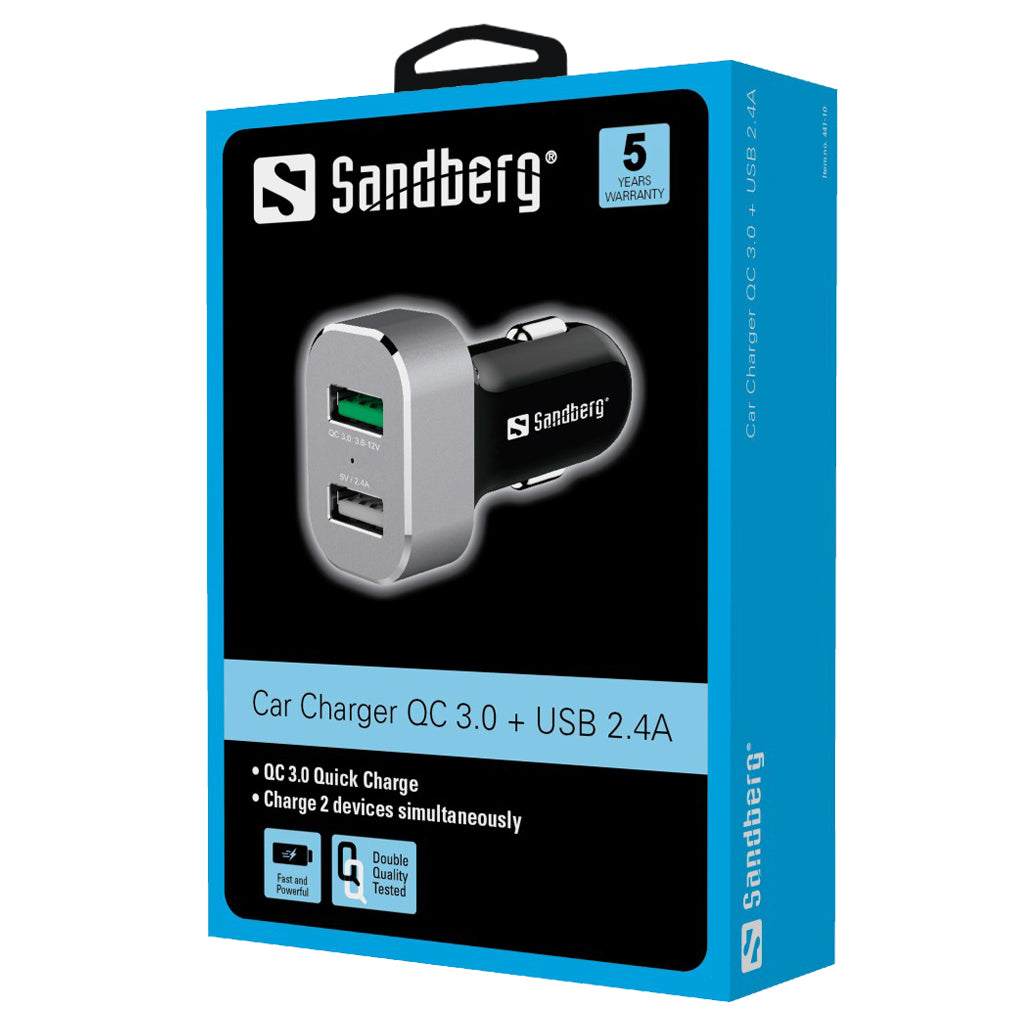 SANDBERG Autoladegerät 1xQC 3.0 1xUSB2.4A