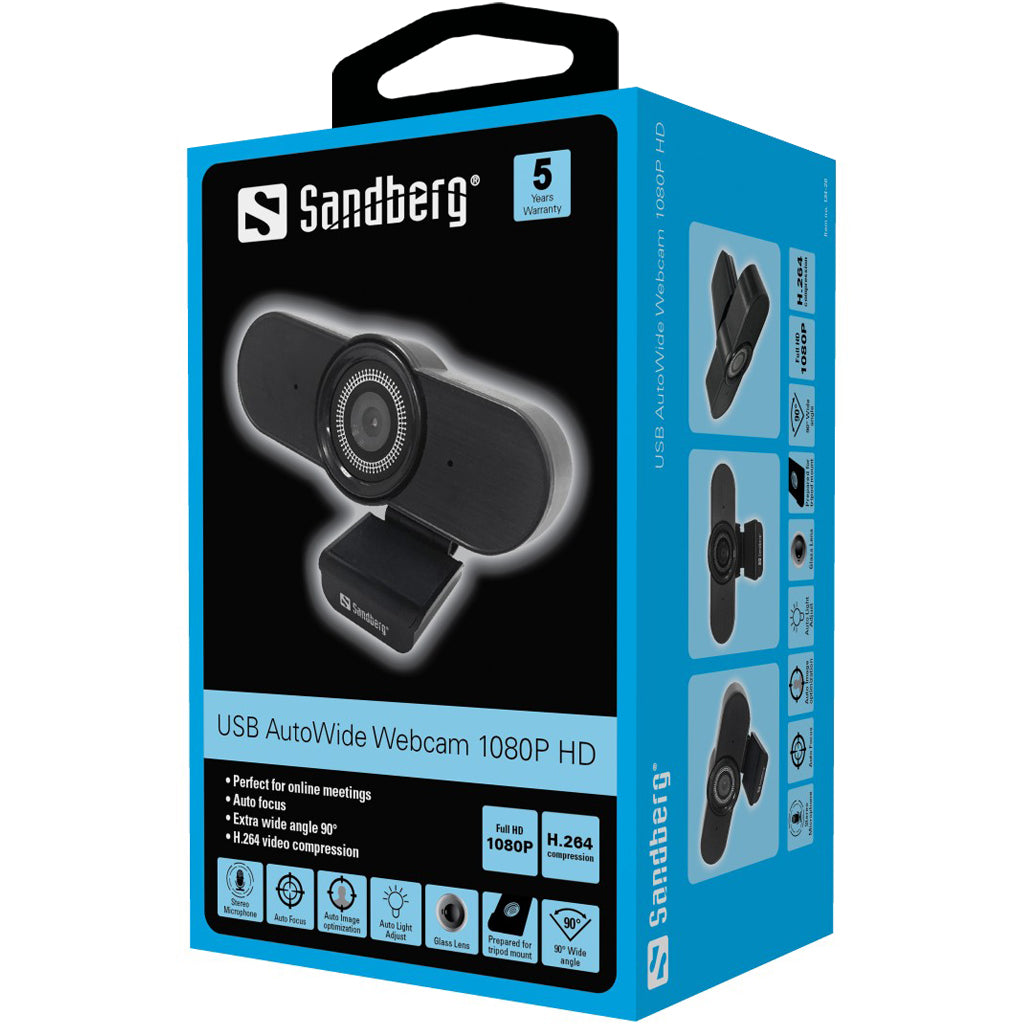 SANDBERG 90 Grad Weitwinkel FullHD Webcam mit Stereo-Mikrofon | 1920 x 1080 pixels | ideal für Online Meetings | 1,5 Meter langes Kabel