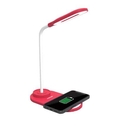 PANTONE LED Lampe mit eingebautem Ladegeraet rot | Soft-Touch-Oberfläche | drei unterscheidliche Lichttöne  | Lichtposition dank des flexiblen Arms einstellbar