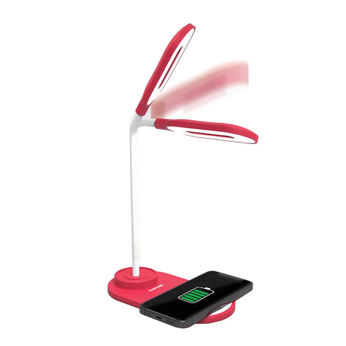 PANTONE LED Lampe mit eingebautem Ladegeraet rot | Soft-Touch-Oberfläche | drei unterscheidliche Lichttöne  | Lichtposition dank des flexiblen Arms einstellbar