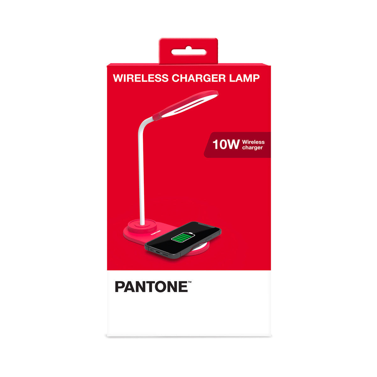 PANTONE LED Lampe mit eingebautem Ladegeraet rot | Soft-Touch-Oberfläche | drei unterscheidliche Lichttöne  | Lichtposition dank des flexiblen Arms einstellbar