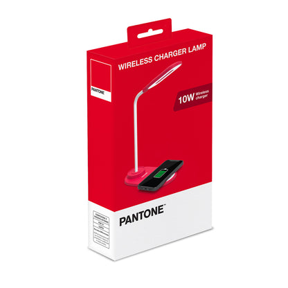 PANTONE LED Lampe mit eingebautem Ladegeraet rot | Soft-Touch-Oberfläche | drei unterscheidliche Lichttöne  | Lichtposition dank des flexiblen Arms einstellbar