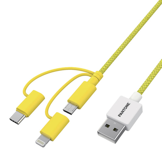 PANTONE 3in1 Kabel gelb 1,2 m | USB-C, Lightning und Micro USB Anschluss in einem Kabel | Ausgangsleistung bis 2,4A | umkehrbarer USB-C-Adapter