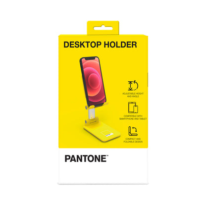 PANTONE Desktop Halterung Mobilgeraete gelb | Universeller und rutschfester Halterungskopf |  für Smartphones und Tablets bis zu 12'' | Robuster Sockel und stabiler Ständer