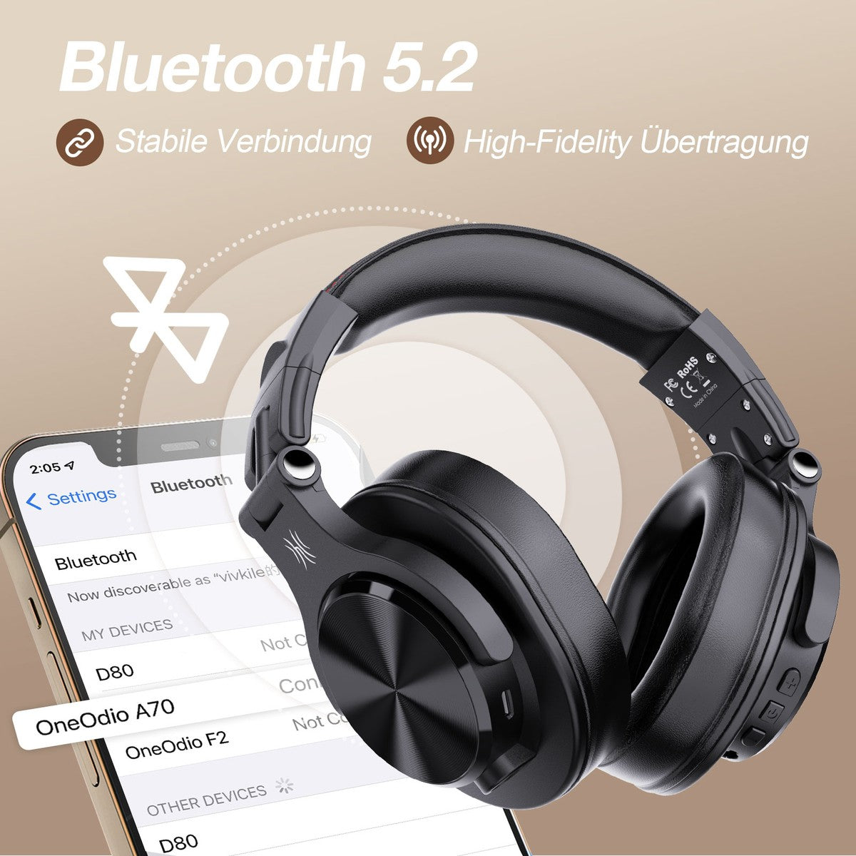 ONEODIO A70 Bluetooth Kopfhörer Schwarz