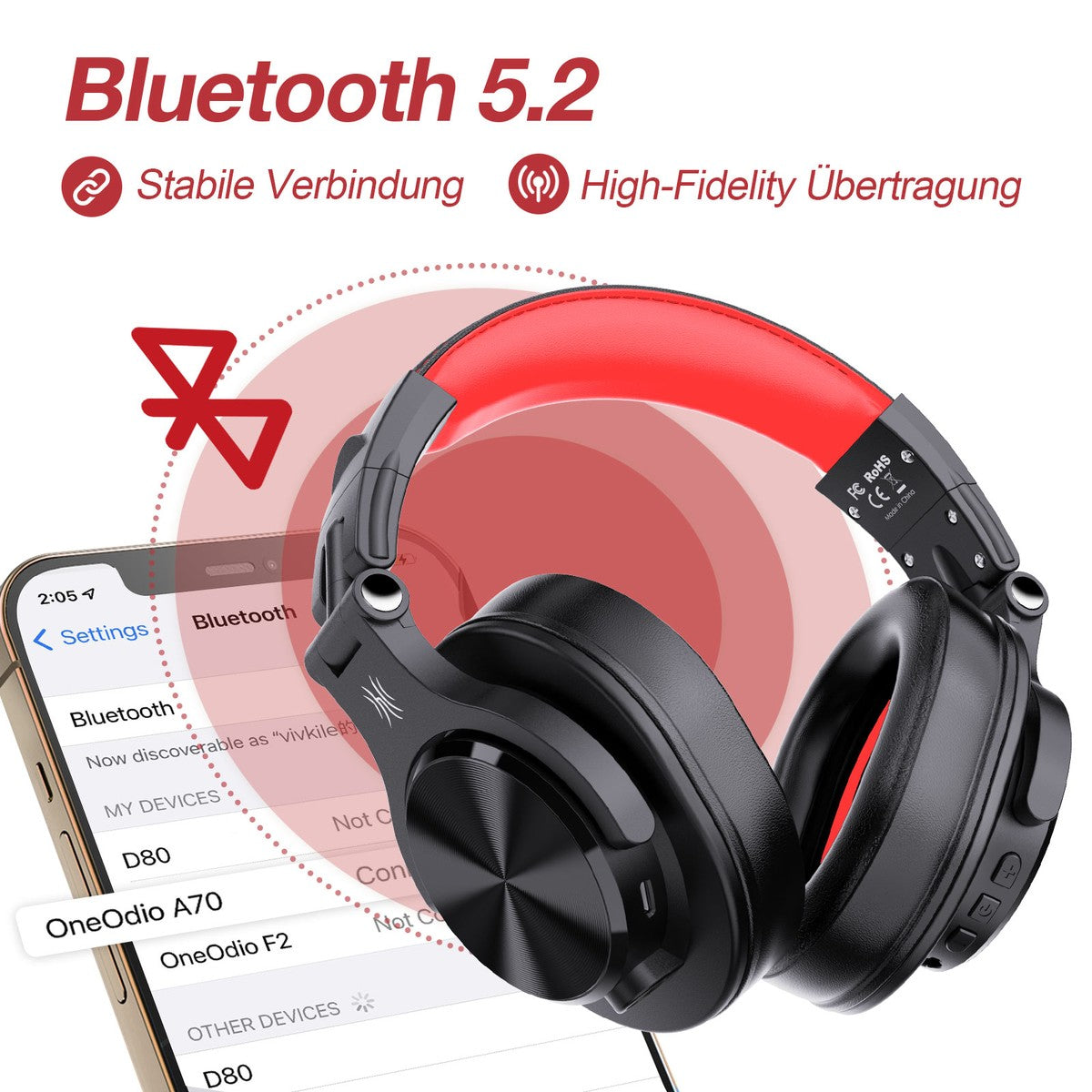 ONEODIO A70 Bluetooth Kopfhörer Schwarz-Rot