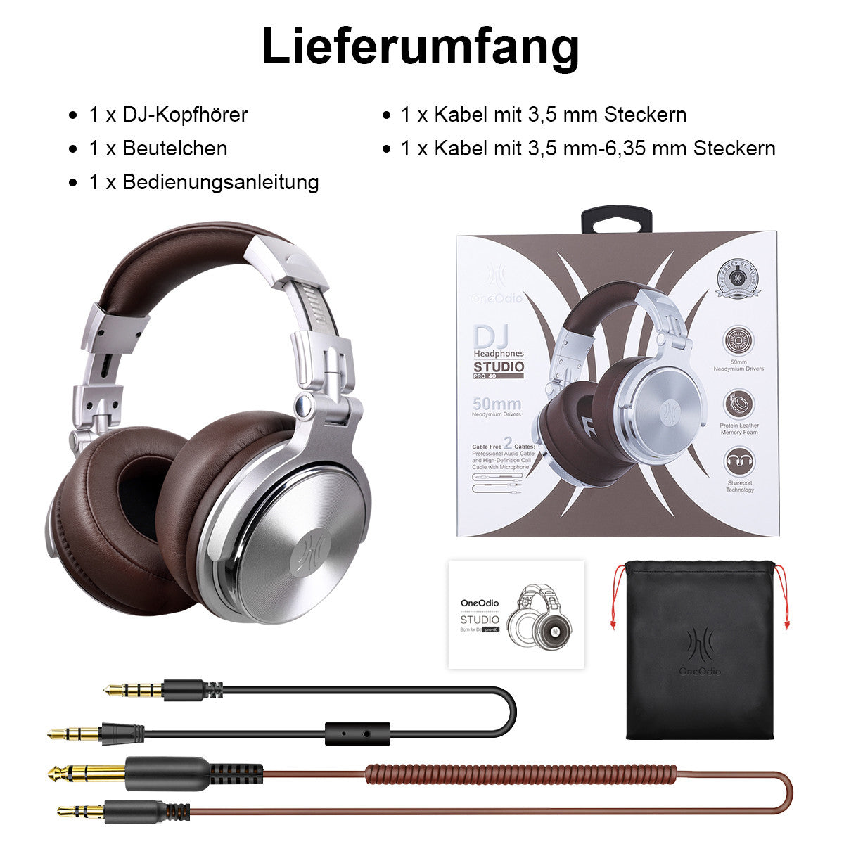 ONEODIO Pro40 Over Ear Kopfhörer Silber-Braun